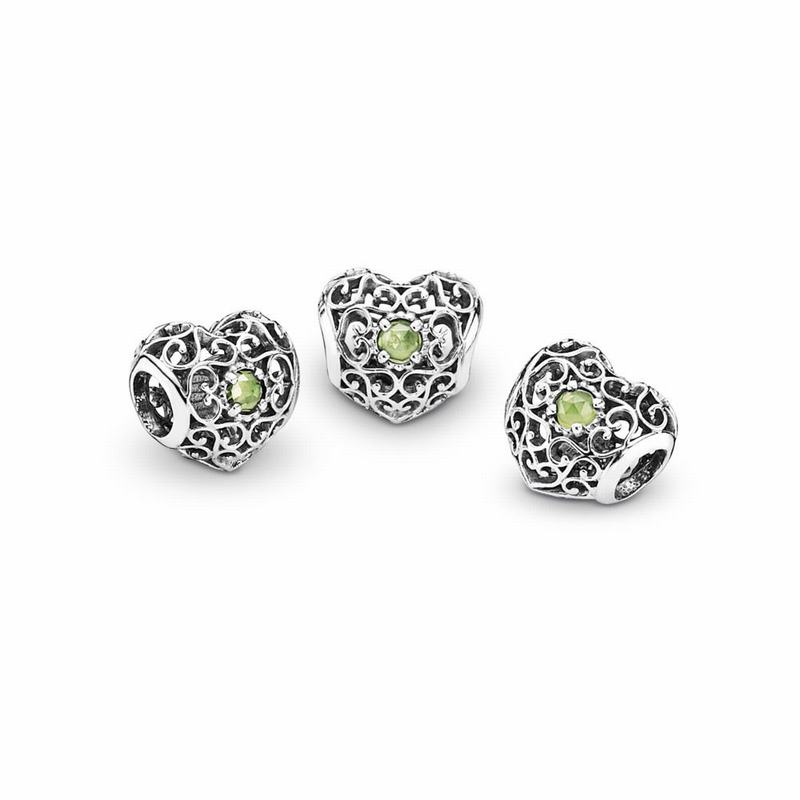 Pandora August Signature Heart Charm With Peridot Birthstone Ireland - Sterling Silver/Green/Peridot